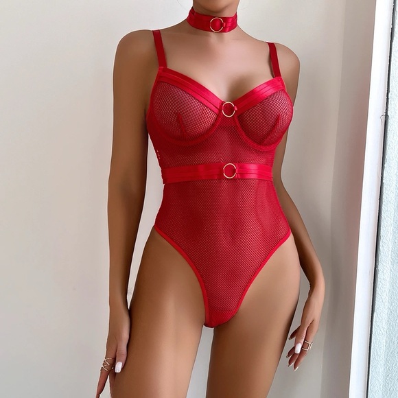 Red Fishnet Choker Bodysuit - Picture 1 of 16